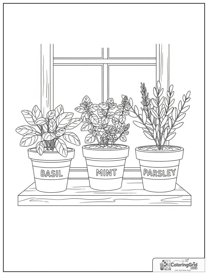 Garden coloring page featuring herbs growing in clay pots.
