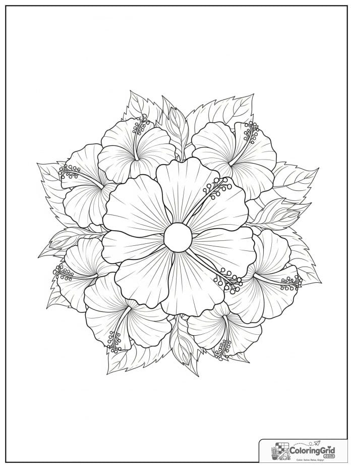 Flower mandala with broad hibiscus blooms and curling leaves.
