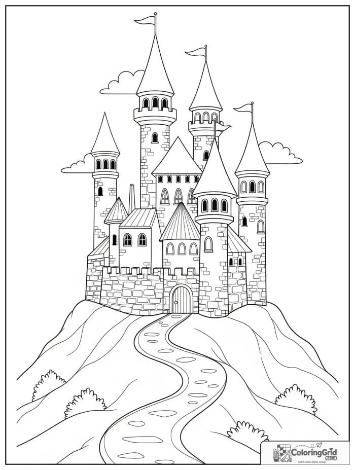 Castle coloring page featuring a fairytale castle on a hilltop.