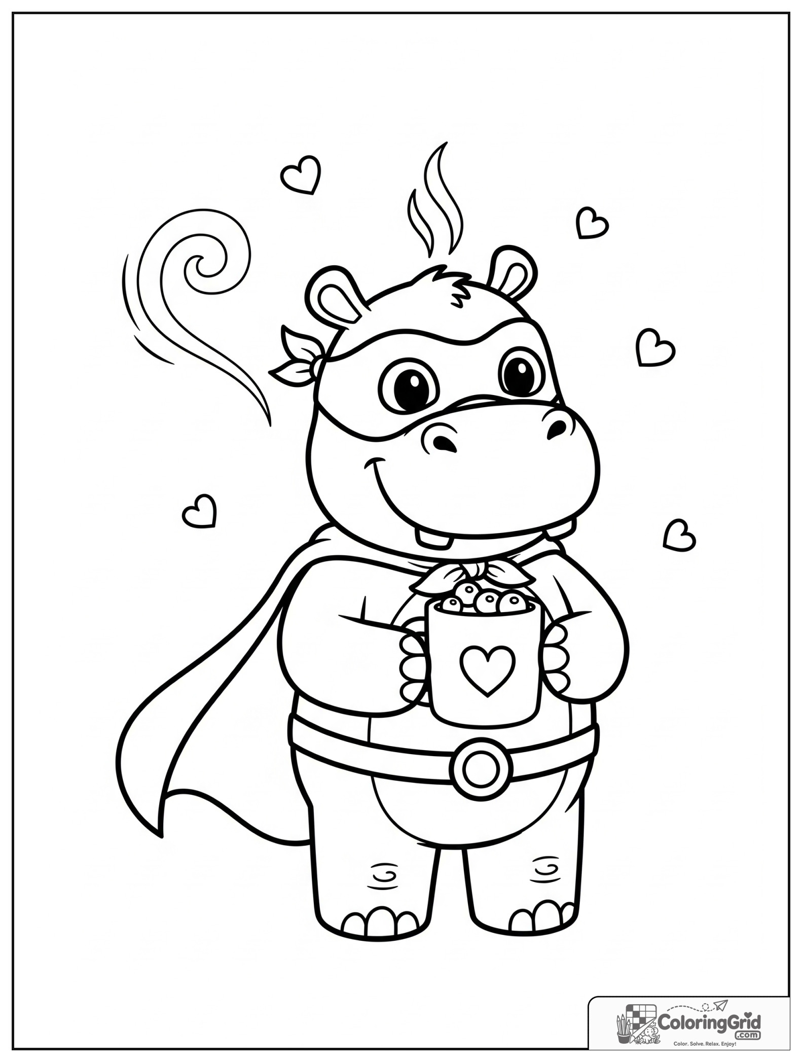 Cute hippo superhero holding hot cocoa with small steam and heart details.