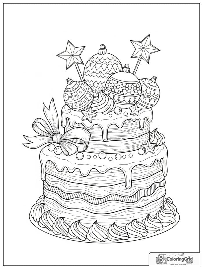 Holiday cake with ornaments for Cake Coloring Pages