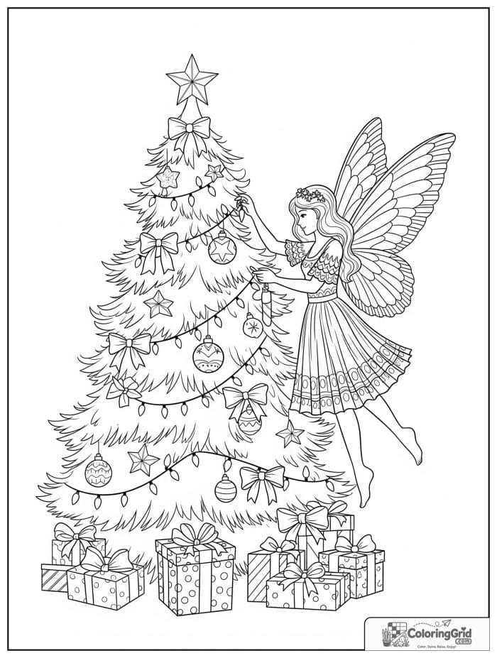 Fairy coloring page featuring a fairy decorating a festive tree.
