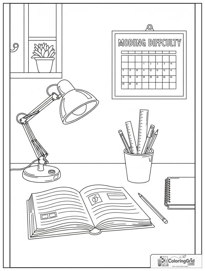 Back to school coloring page featuring a homework study desk.