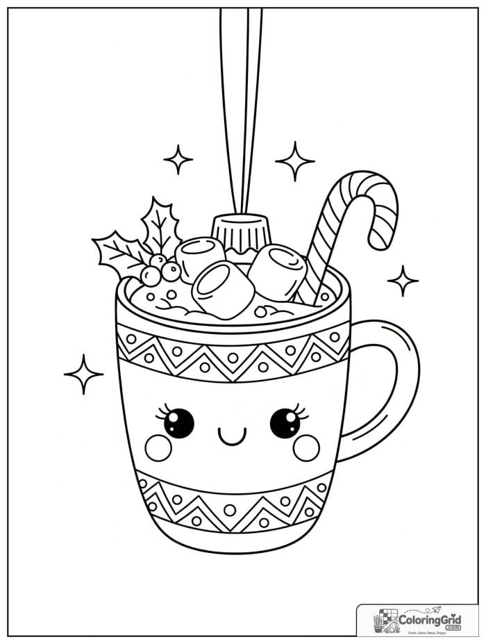 Hot cocoa mug Christmas ornament with marshmallows.