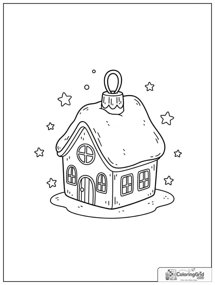 Tiny house Christmas ornament with snowy roof.