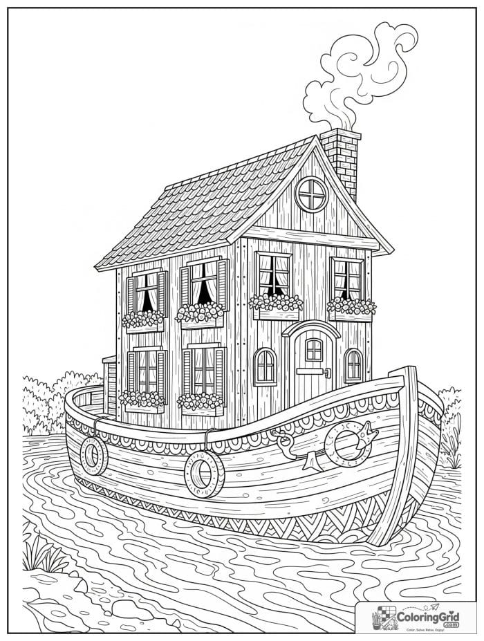 Boat coloring page featuring a houseboat on a quiet river.