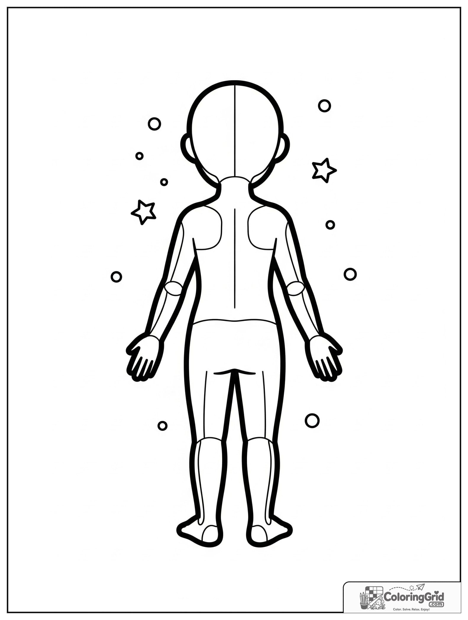Cute human body back view outline with small stars and dots.