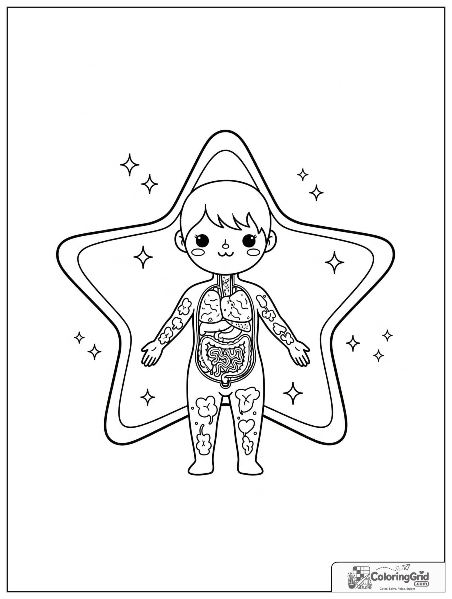 Cute human body in a star frame with simple organs and sparkles.