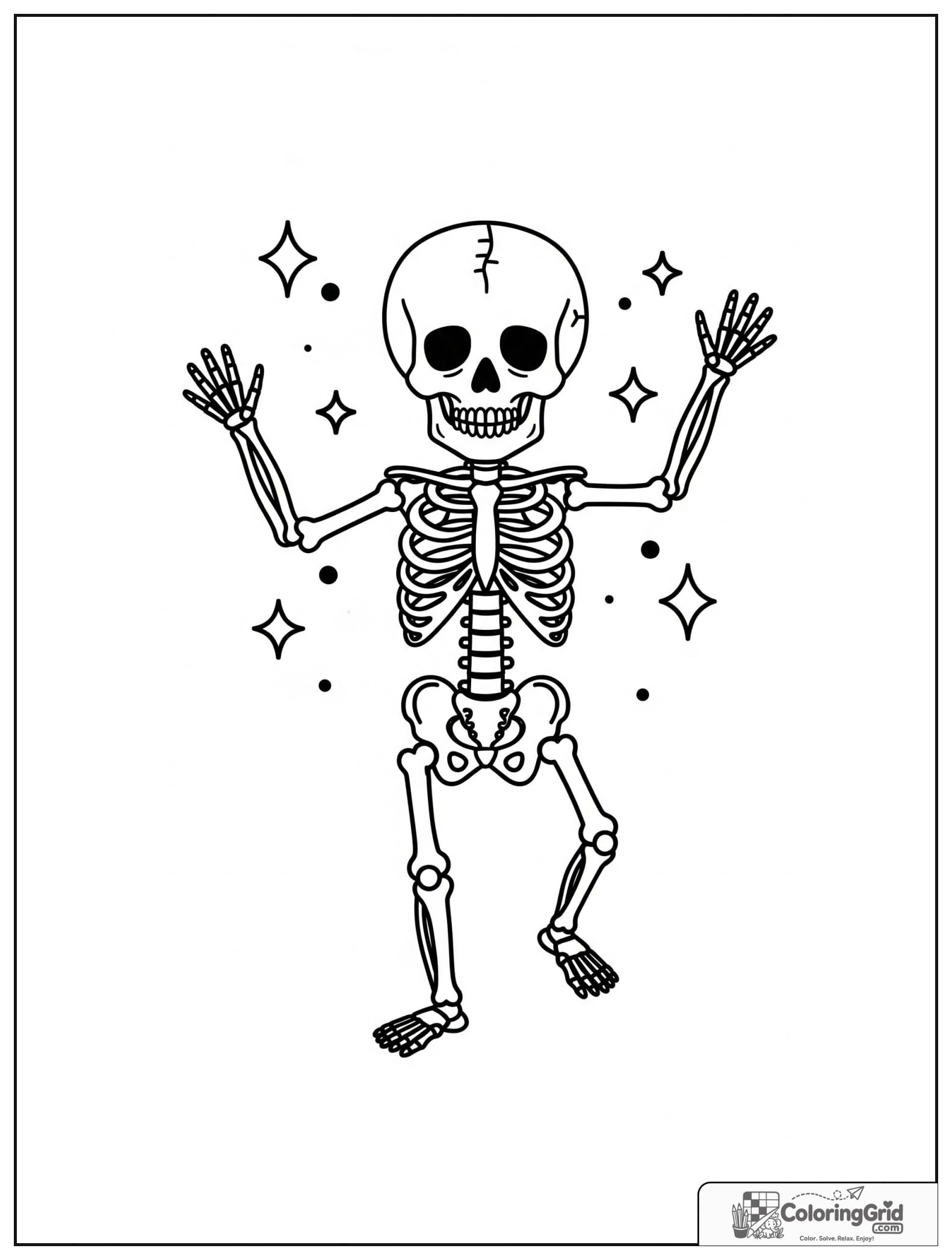 Cute human skeleton waving with small sparkle decorations.