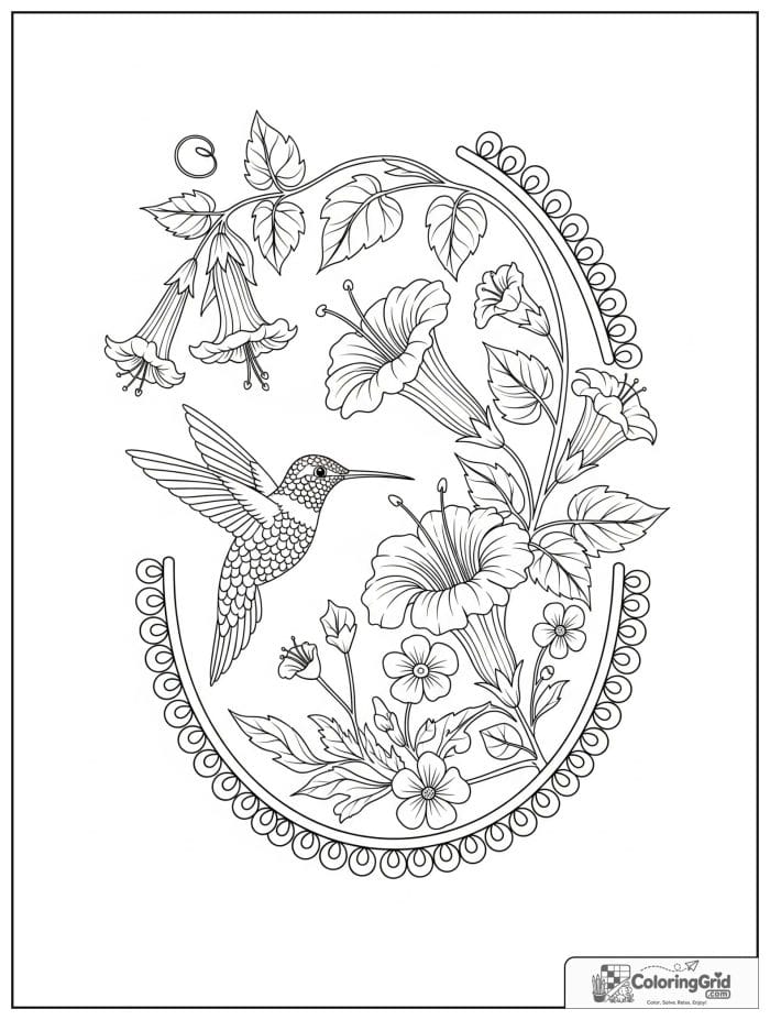 Garden coloring page featuring a hummingbird near flowers.