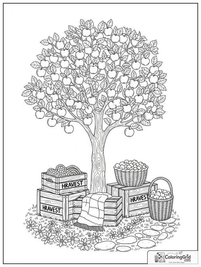 Hygge-inspired apple tree with harvest crates and baskets.