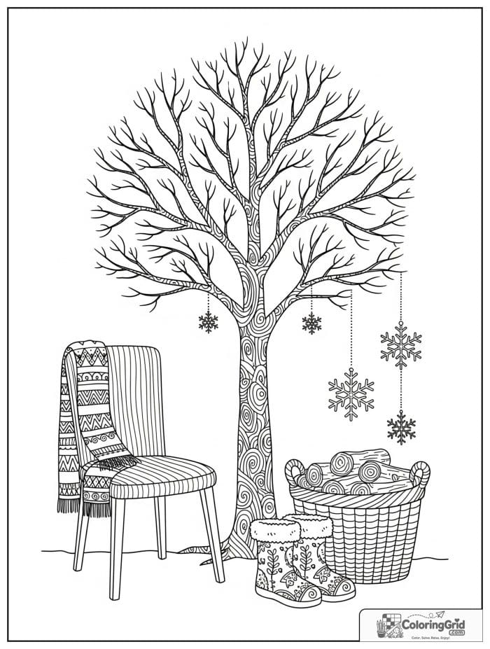 Hygge-inspired winter tree with scarf, chair, and snowflakes.