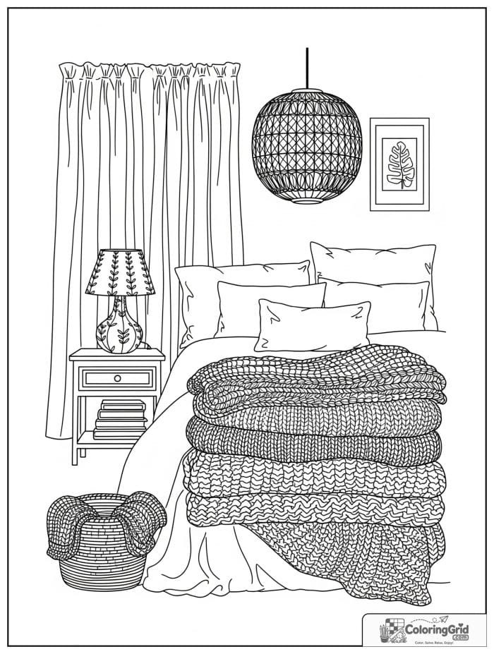 Hygge-inspired adult bedroom with knit throws and bedside lamp.