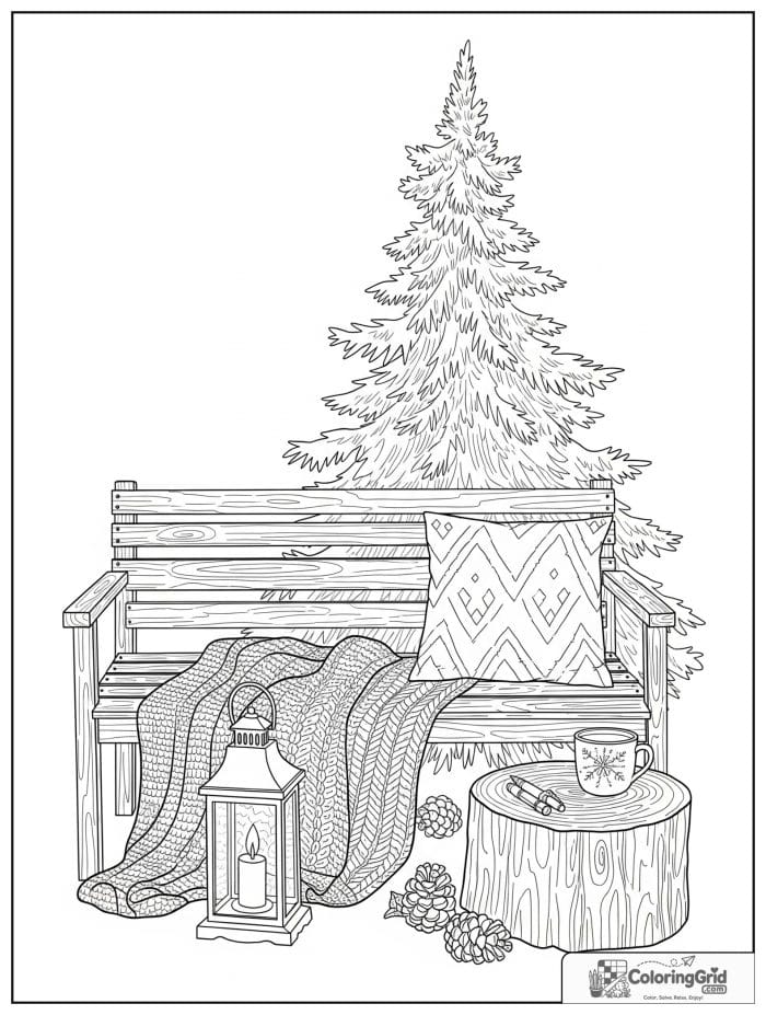 Hygge-inspired evergreen tree with a bench, lantern, and blanket.