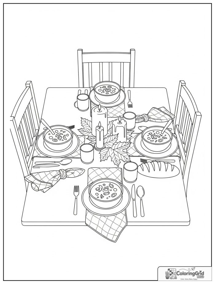 Hygge-inspired fall dining table with soup, bread, and candles.