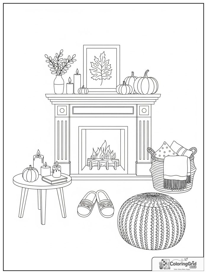 Hygge-inspired fall fireplace room with slippers, pumpkins, and candles.