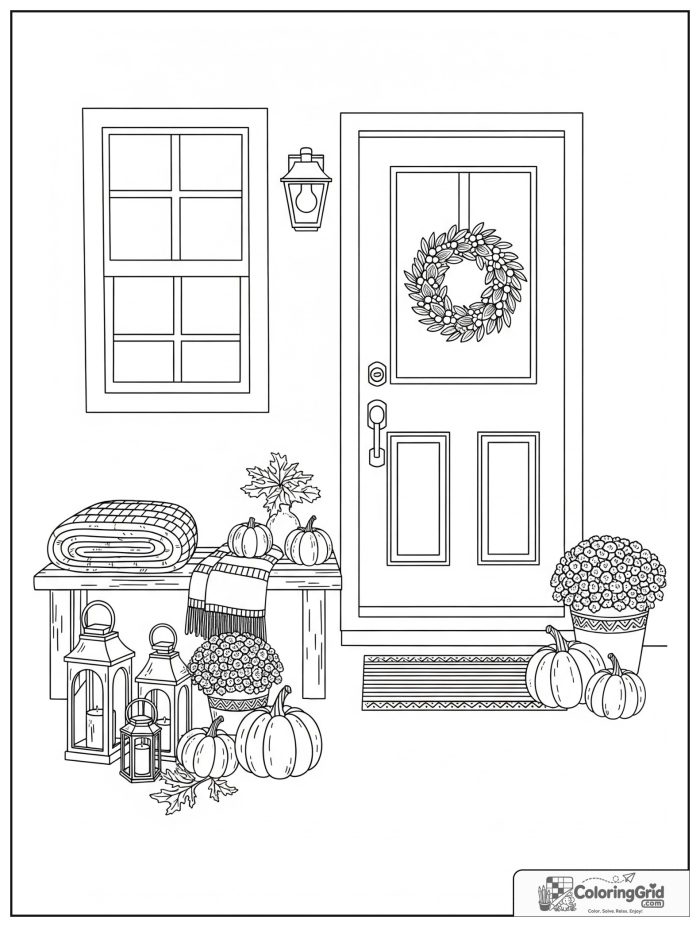 Hygge-inspired fall porch with bench, lanterns, wreath, and mums.