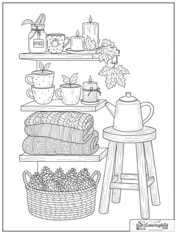 Hygge-inspired fall tea shelf corner with mugs, candles, and knit blankets.