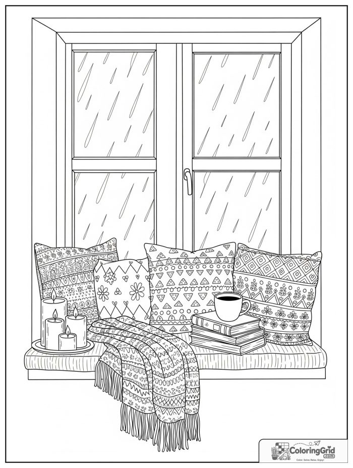 Hygge-inspired fall window seat with candles, tea, and books.