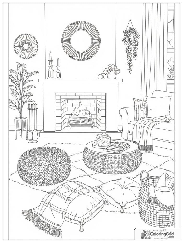 Hygge-inspired adult lounge with fireplace, pouf, and blankets.
