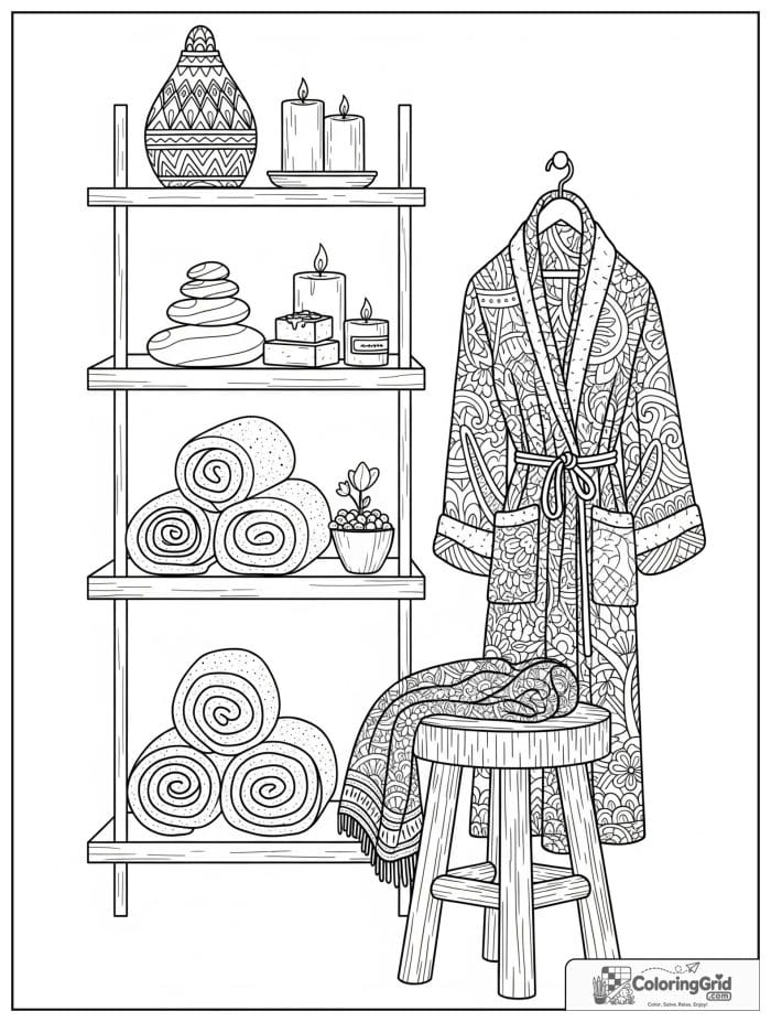 Hygge-inspired adult spa shelf with towels, stones, soap, and candles.