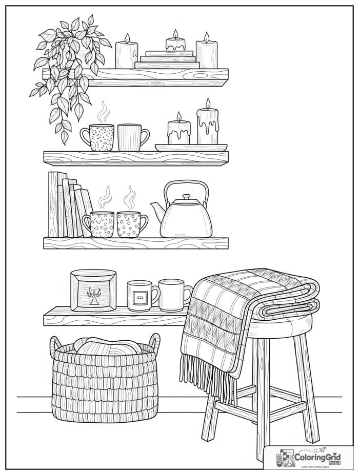 Hygge-inspired adult tea corner with mugs, candles, and wooden shelves.