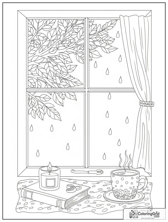 Hygge-inspired leafy tree seen through a rainy window.