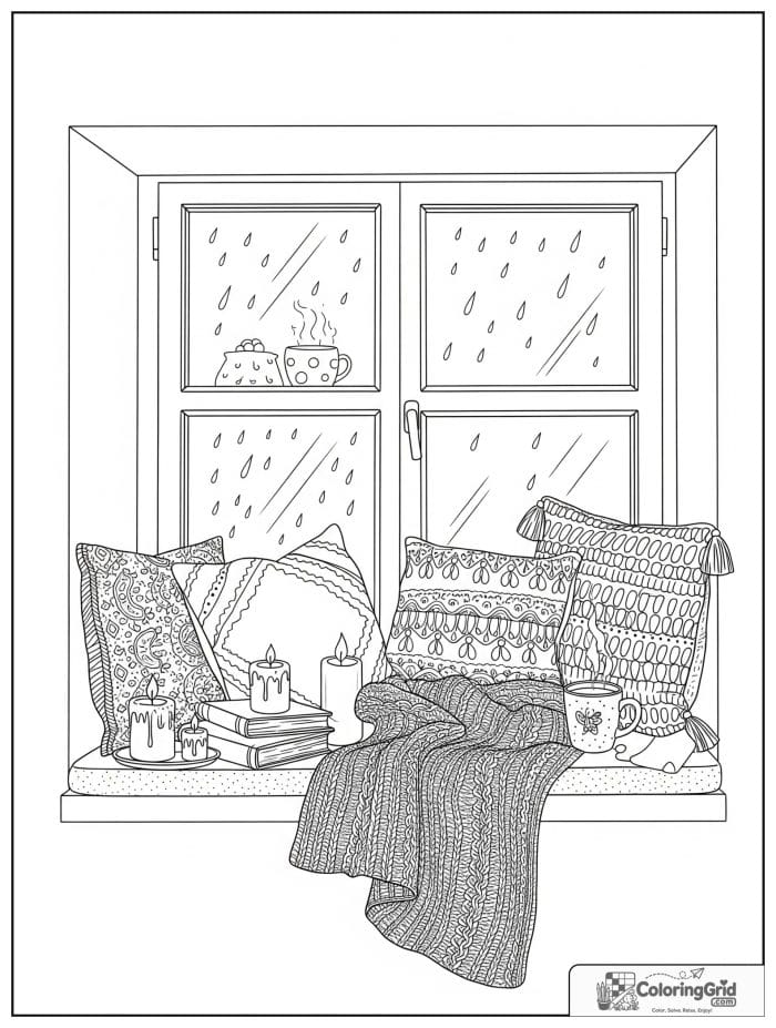 Hygge-inspired adult window seat with candles, books, and tea.