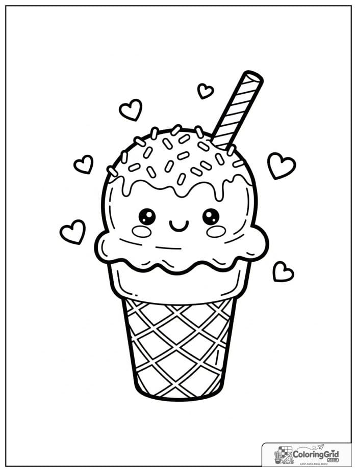 Summer Coloring Pages showing a cute ice cream cone with sprinkles.