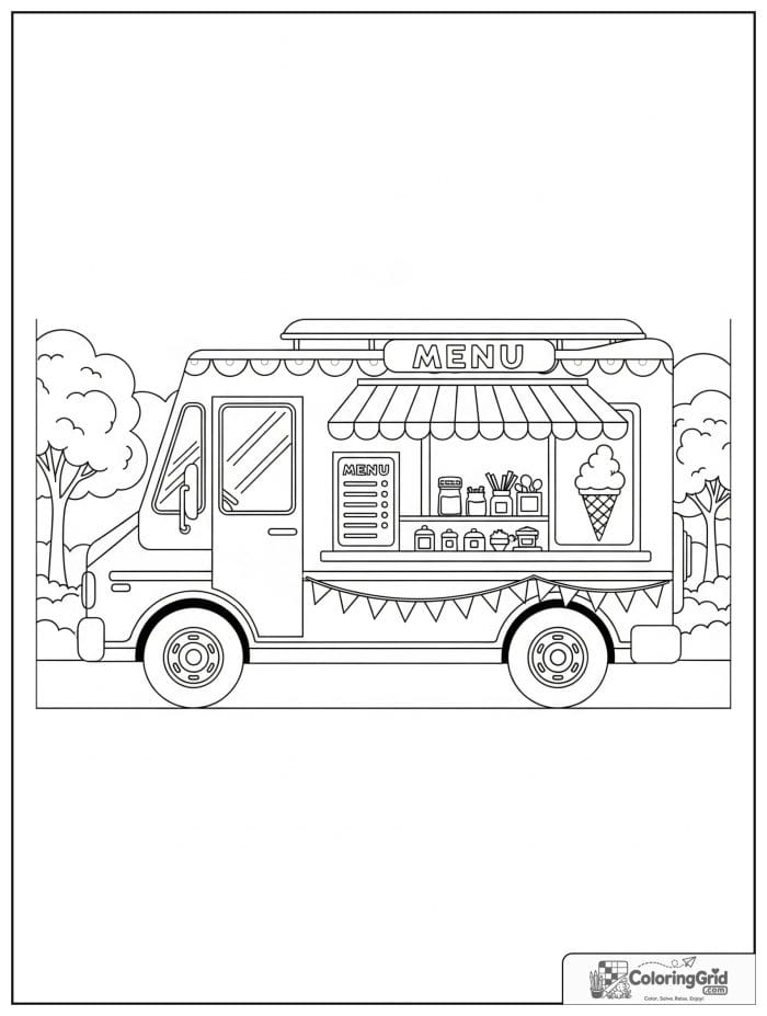 Truck coloring page featuring an ice cream truck in a park.