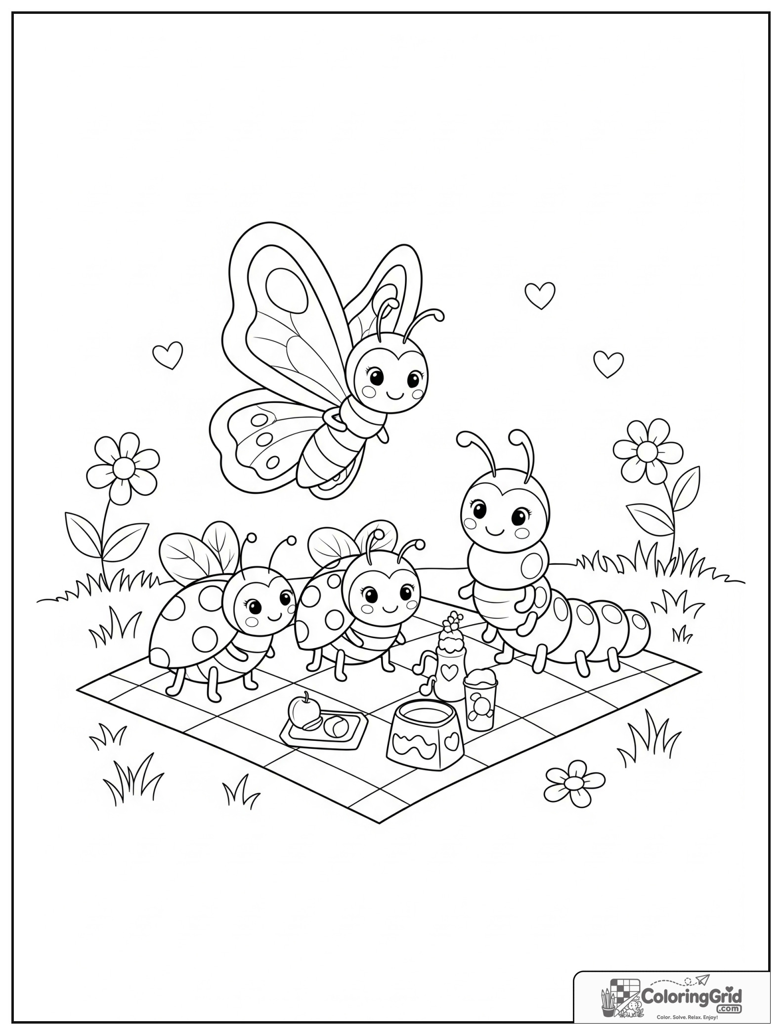 Cute insect friends on a picnic with small flower and heart decorations.