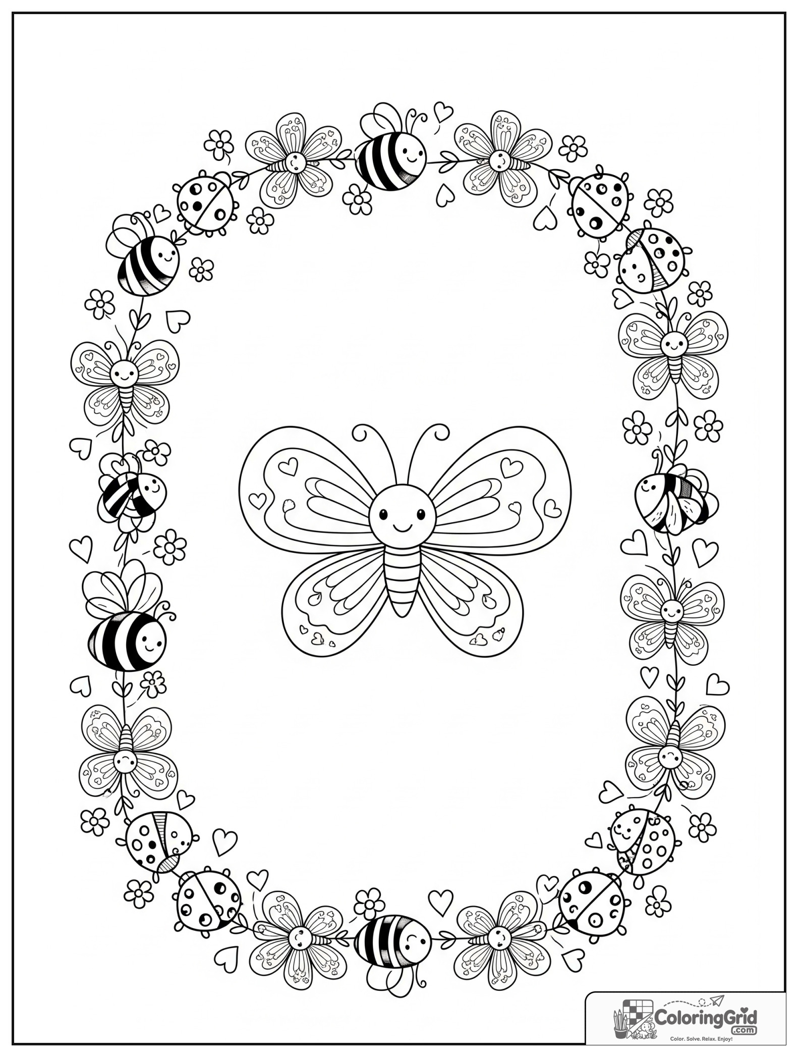 Cute insect garland border with small flower and heart decorations.