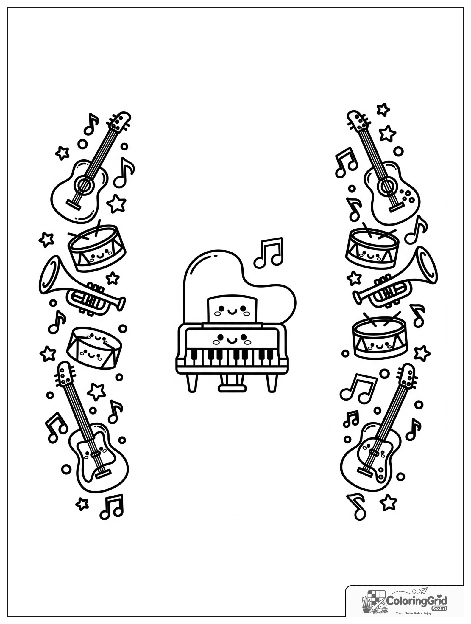 Cute instrument garland border with small star and music note decorations.