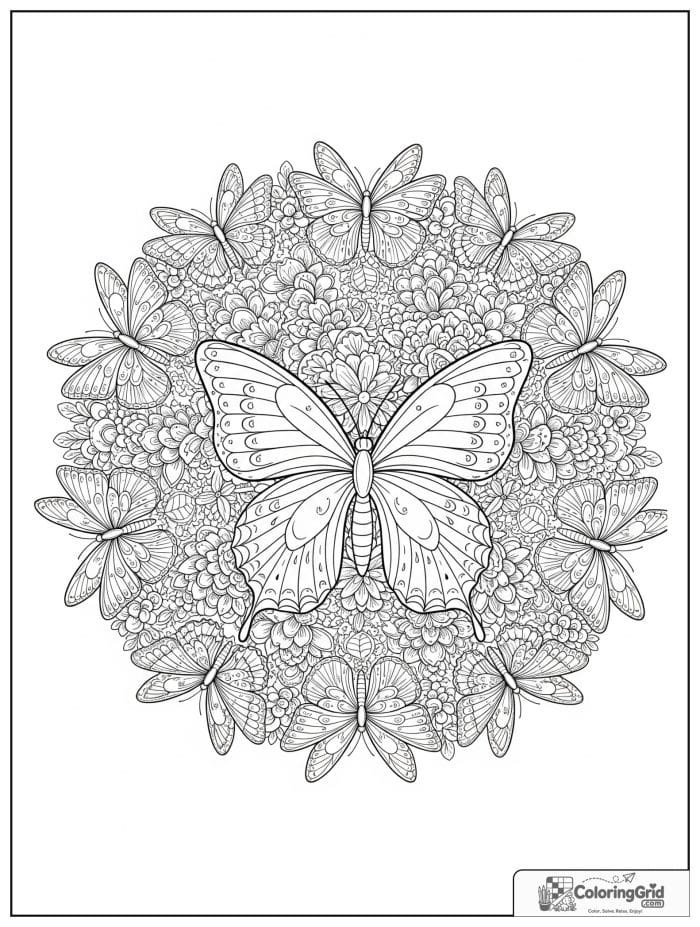 Butterfly Mandala Coloring Pages with a ring of smaller butterflies.