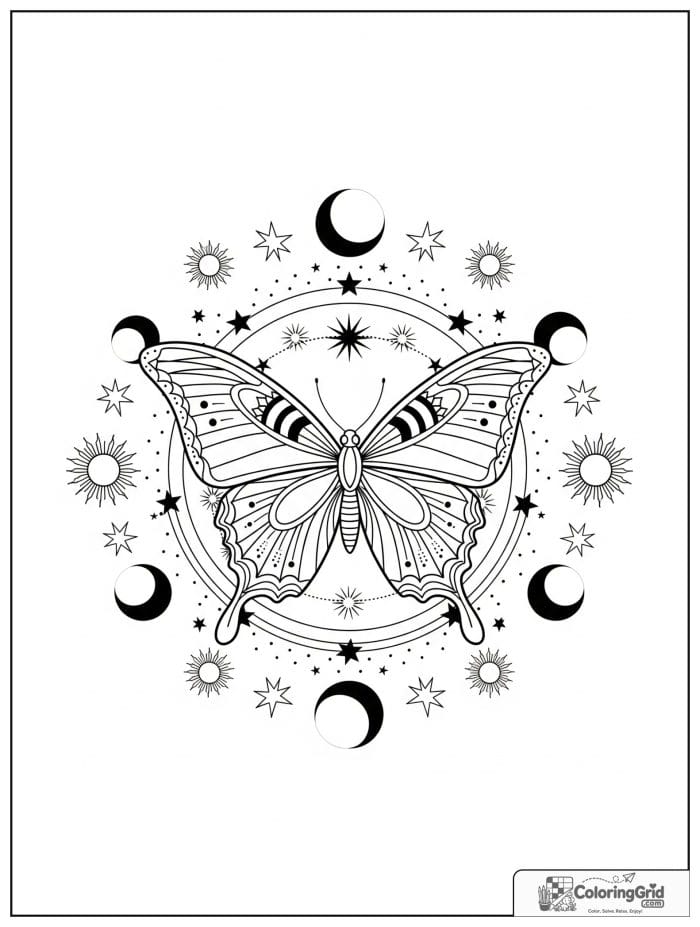 Butterfly Mandala Coloring Pages featuring an intricate celestial ring.