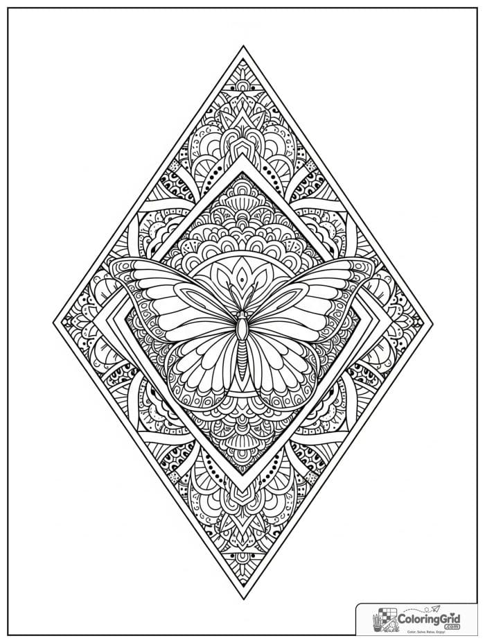 Butterfly Mandala Coloring Pages showing a detailed diamond ring mandala.