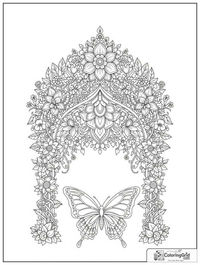 Butterfly Mandala Coloring Pages with an intricate garden arch mandala.