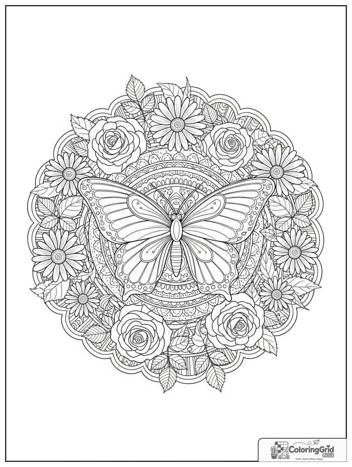 Butterfly Mandala Coloring Pages featuring a detailed garden medallion.