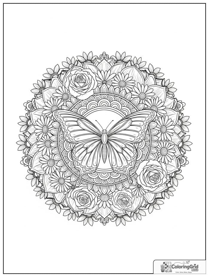 Butterfly Mandala Coloring Pages with a grand floral circle mandala.