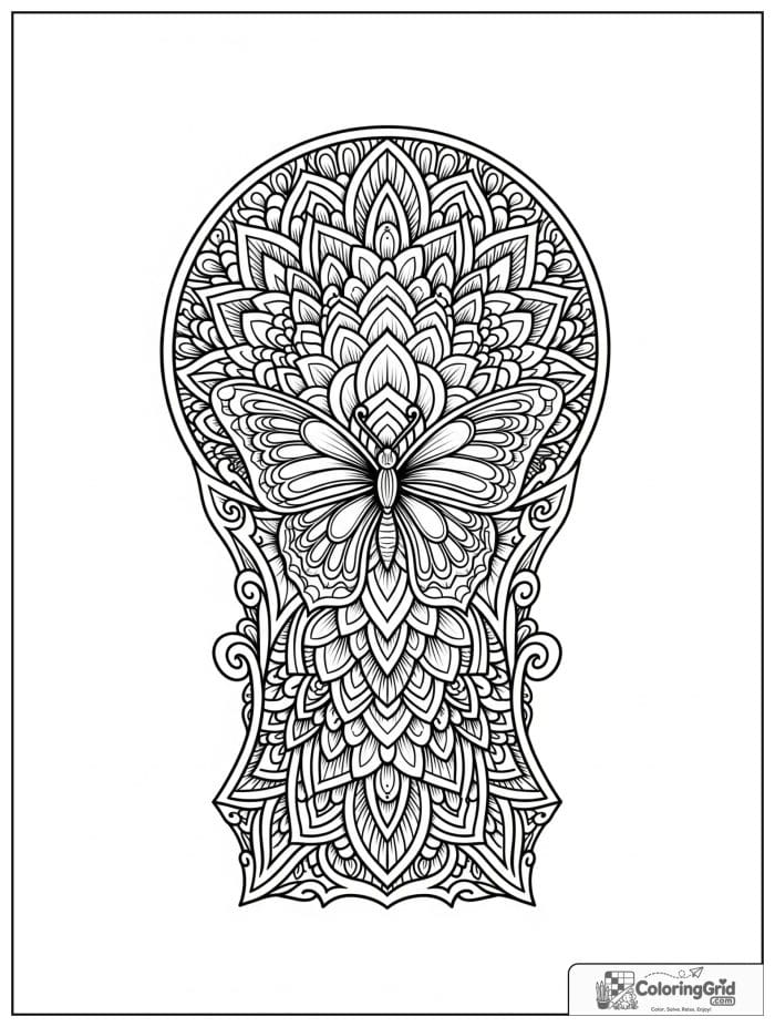 Butterfly Mandala Coloring Pages with a detailed mandorla frame.