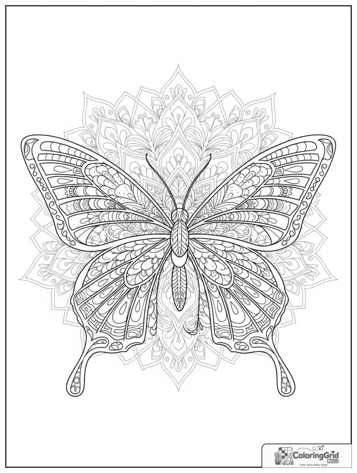 Butterfly Mandala Coloring Pages showing an intricate mosaic symmetry design.