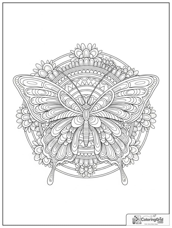 Butterfly Mandala Coloring Pages featuring an intricate orbital pattern.