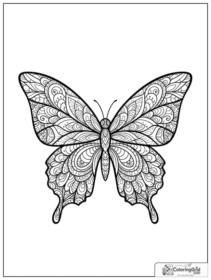 Butterfly Mandala Coloring Pages featuring intricate paisley wing patterns.