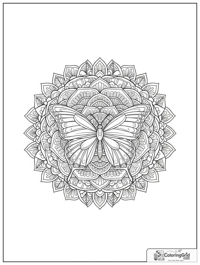 Butterfly Mandala Coloring Pages with a rose window style mandala.
