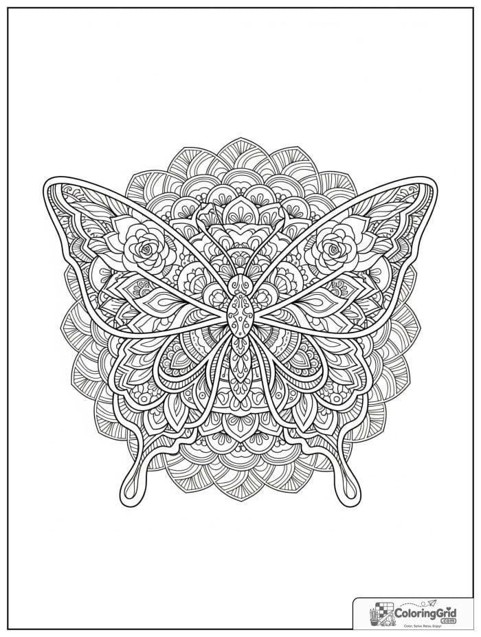 Butterfly Mandala Coloring Pages with an intricate rosette center design.