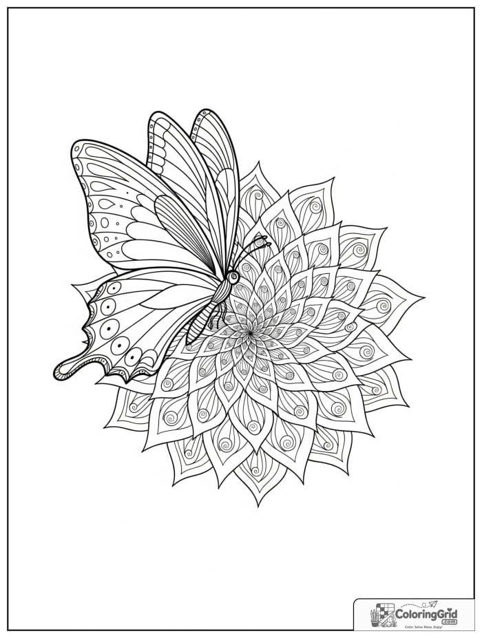 Butterfly Mandala Coloring Pages with an intricate spiral bloom design.