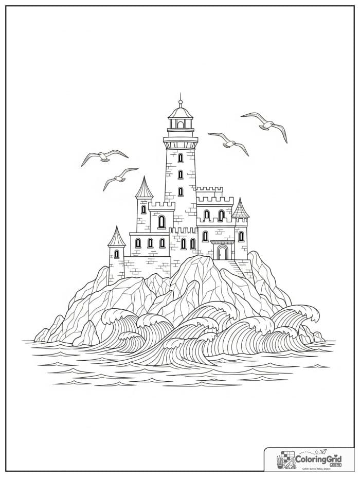 Castle coloring page featuring an island castle by the sea.