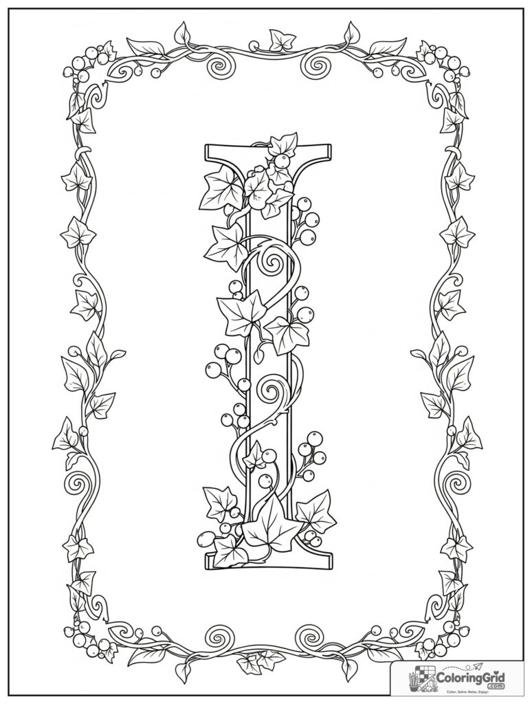 Ivy letter I adult alphabet coloring design with garden vines