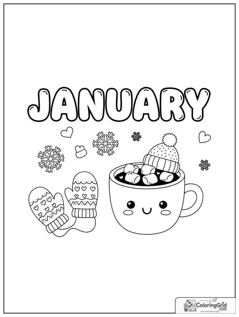 Cute January design with hot cocoa and small snowflake decorations.