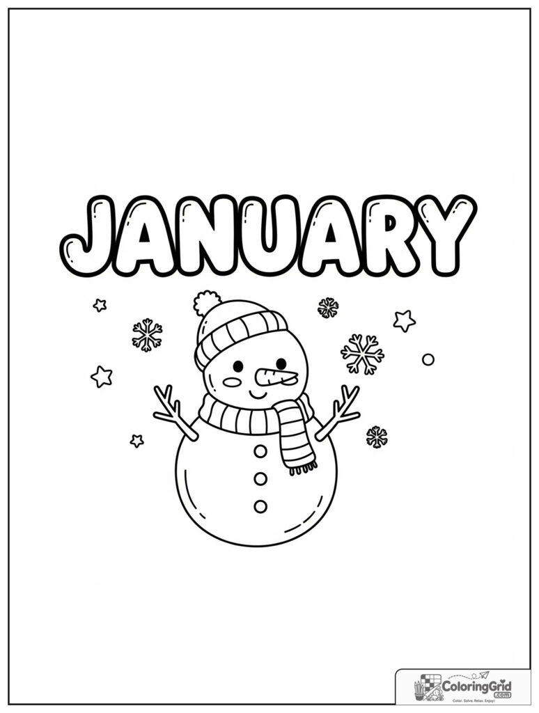 Cute January design with a smiling snowman and small snowflake decorations.
